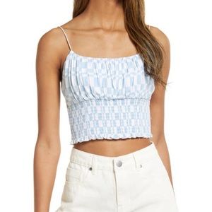 PACSUN Smocked Crop Top Camisole Light Blue and White Checker M